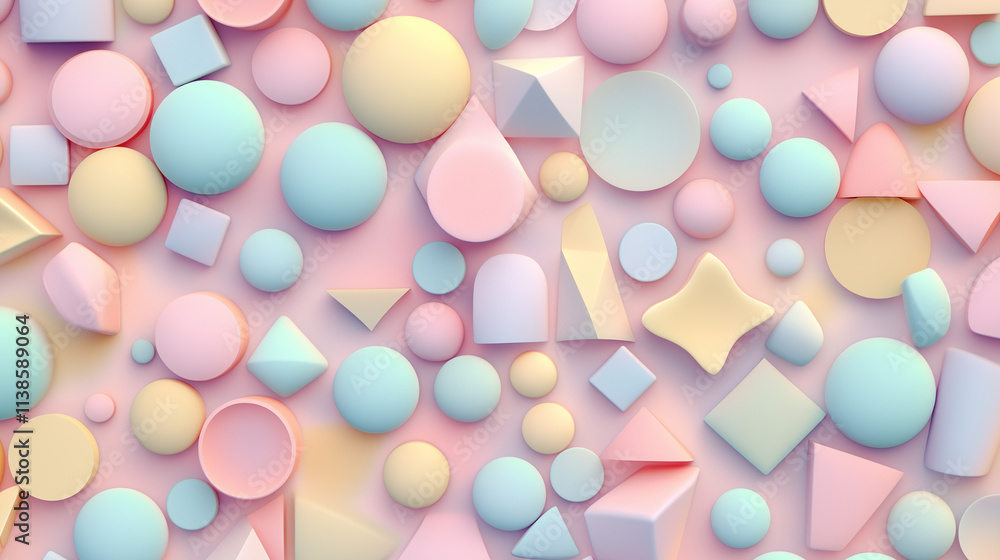 Pastel Dreamscape: A delightful array of pastel-colored spheres, cubes, and other geometric shapes create a whimsical and dreamy background. Pastel Dreamscape: A delightful array of pastel-colored spheres, cubes, and other geometric shapes create a whimsical and dreamy background.