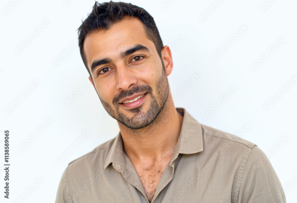Fototapeta premium A commercial portrait photo of a model on a white studio background: a man with a beard wearing a brown shirt, smiling at the camera against a white background.