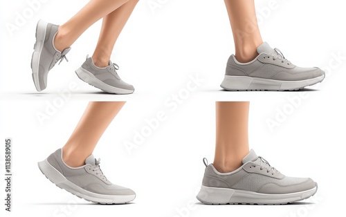 A high-resolution layout showcasing the same woman's legs in gray shoes from four angles photo