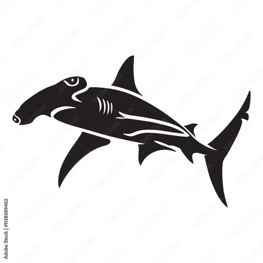 Vector seamless pattern of hand drawn Hammerhead Shark Illustration Silhouette Vector Illustration, Solid White Background. Vector seamless pattern of hand drawn Hammerhead Shark Illustration Silhouette Vector Illustration, Solid White Background.