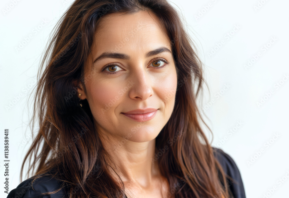 A commercial portrait photo of a model on a white studio background: a woman with long brown hair wearing a black dress, smiling at the camera against a white background. A commercial portrait photo of a model on a white studio background: a woman with long brown hair wearing a black dress, smiling at the camera against a white background.