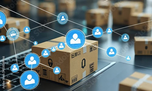 A cardboard box on a laptop, symbolizing e-commerce and digital logistics.