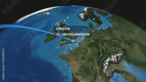Professional 3D animated map illustrating a flight route from Toronto to London. Perfect for travel videos, tourism promotions, and business presentations.