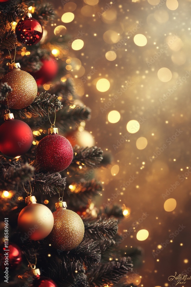 Beautifully decorated Christmas tree with red and gold ornaments, capturing festive spirit and winter wonder with a warm glow Beautifully decorated Christmas tree with red and gold ornaments, capturing festive spirit and winter wonder with a warm glow