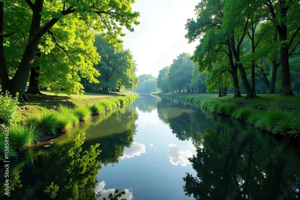 River Loire waters with water plants and trees, scenery, forest River Loire waters with water plants and trees, scenery, forest