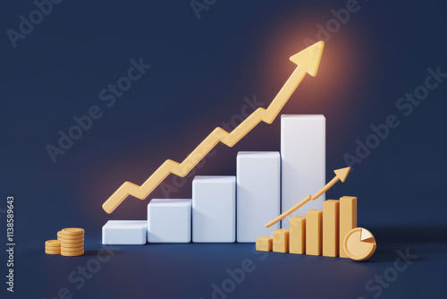 3d render of financial bar graphs and yellow glowing arrows symbolizing profit growth, with a dark blue background
