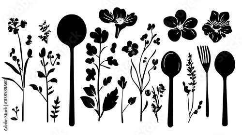 Edible flowers on a baking sheet near measuring spoons, Vectorized Plant Art