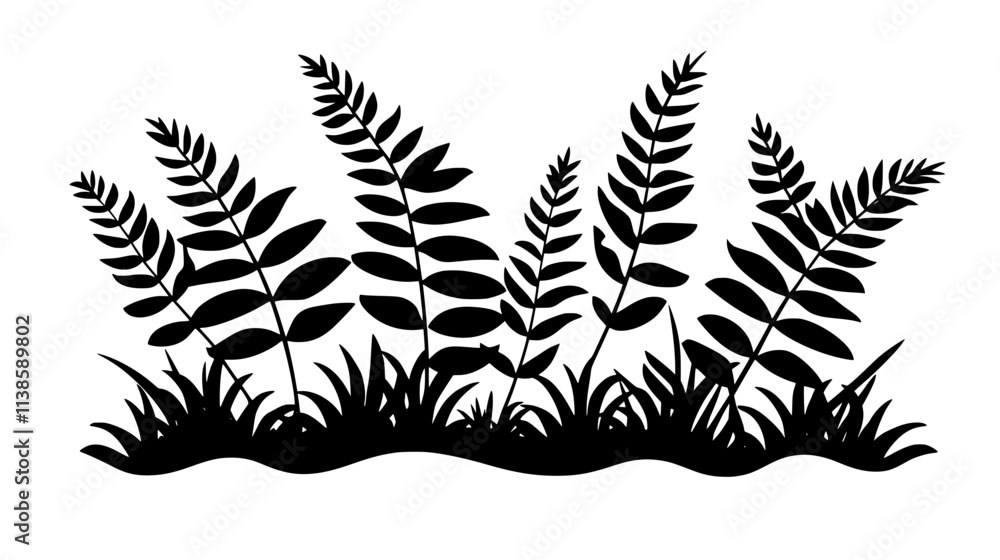 Naklejka premium Ferns growing under canopy of trees in forest, Vectorized Plant Art