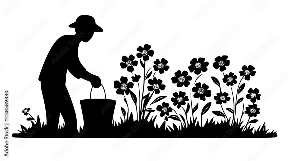 Farmer harvesting fresh-cut zinnias from field, Vectorized Plant Art Farmer harvesting fresh-cut zinnias from field, Vectorized Plant Art