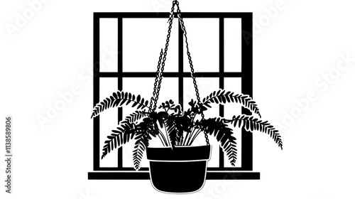 Fern in a macrame hanger near the bay window, Vectorized Plant Art