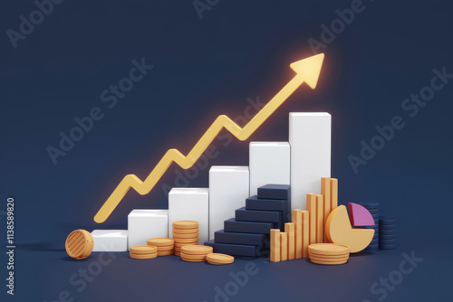 Financial bar charts with coins, stairs, and upward arrows symbolizing business profit growth and market investment success
