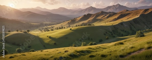 Rolling hills and valleys surround the Cernei Mountains offering a serene and peaceful atmosphere , rural landscape, natural scenery, hills and valleys photo