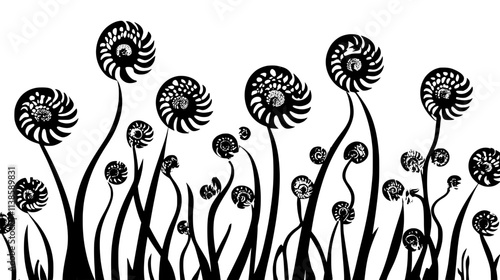 Fern with multiple fronds unfurling from central stem in forest, Vectorized Plant Art
