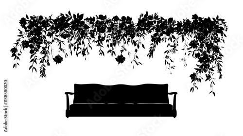 Floral canopy installation with suspended blooms arranged over a seating area, Vectorized Plant Art