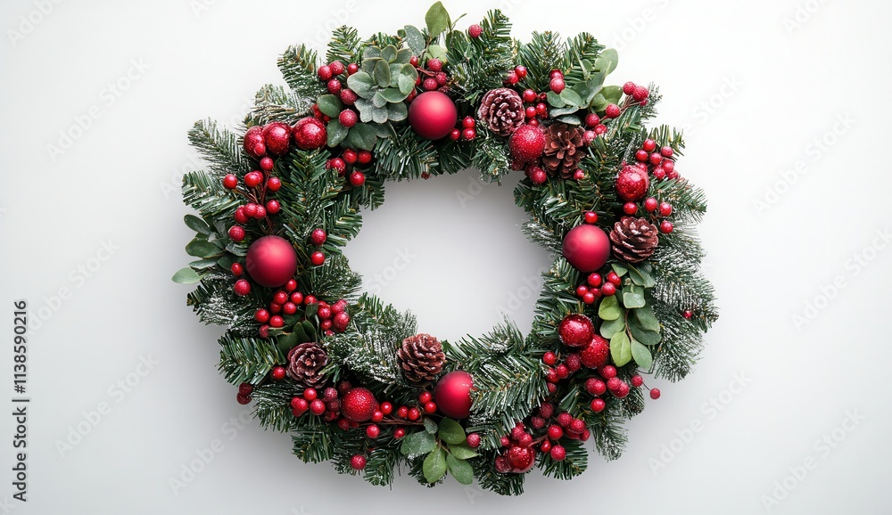 Beautifully crafted Christmas wreath with red and green decorations creating a festive and elegant holiday atmosphere Beautifully crafted Christmas wreath with red and green decorations creating a festive and elegant holiday atmosphere