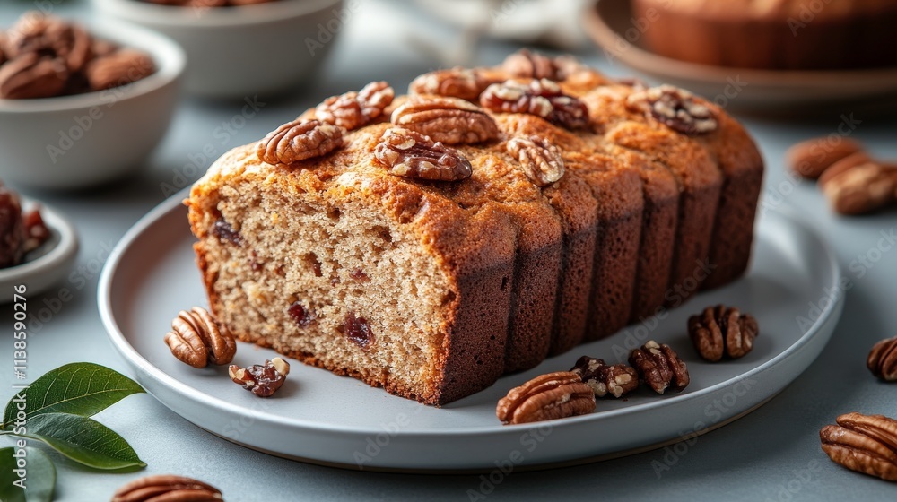 Deliciously Moist Pecan Cake with Nut Toppings Surrounded by Natural Ingredients on a Soft Blue Background in a Cozy Kitchen Setting Deliciously Moist Pecan Cake with Nut Toppings Surrounded by Natural Ingredients on a Soft Blue Background in a Cozy Kitchen Setting