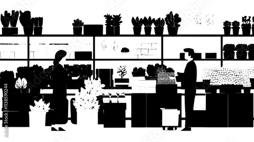 Flower-filled containers being organized in a wholesale floristry warehouse, Vectorized Plant Art