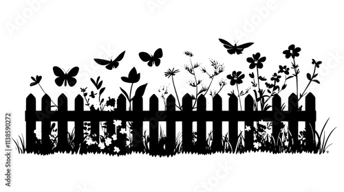 Flowering plants designed for pollinators in bloom near a wooden fence, Vectorized Plant Art