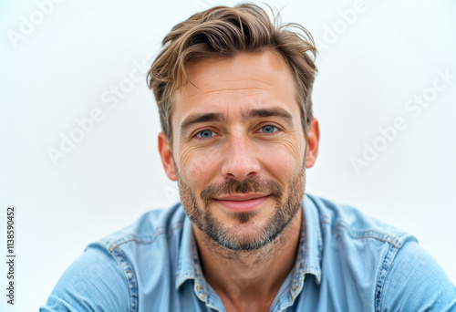 A commercial portrait photo of a model on a white studio background: a man with a beard wearing a blue shirt, smiling at the camera against a white background.