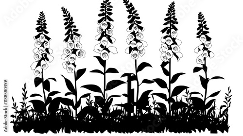 Foxgloves towering in the back of a shade garden near a fence, Vectorized Plant Art