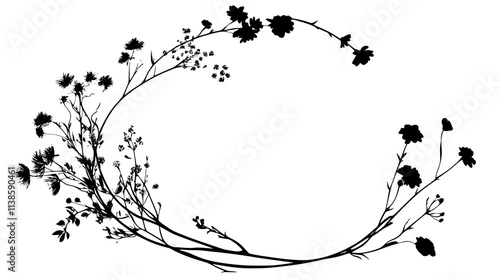 Freeform flower crown with various flowers and stems weaved into a ring, Vectorized Plant Art