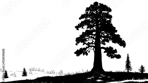 Giant sequoia sapling towering over surrounding plants, Vectorized Plant Art