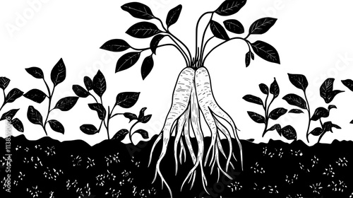 Ginseng root partially exposed in soil with leaves above, Vectorized Plant Art