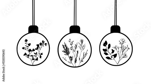 Glass ornaments with dried flower confetti inside, Vectorized Plant Art