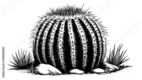 Golden barrel cactus with a ribbed, spherical shape in a rock garden, Vectorized Plant Art