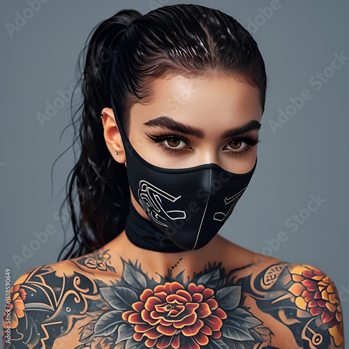 Ninja warrior woman with her face hidden by a mask and her body covered in floral tattoos, donna guerriera ninja con il volto nascosto da una maschera e il corpo ricoperto di tatuaggi floreali photo