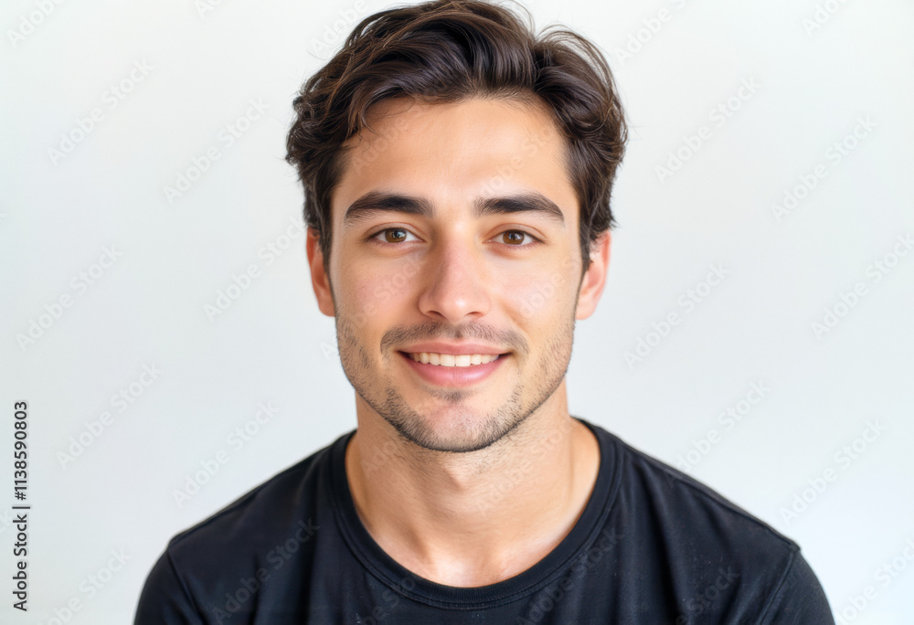 Fototapeta premium A commercial portrait photo of a model on a white studio background: a man in a black t-shirt smiling at the camera against a white background.