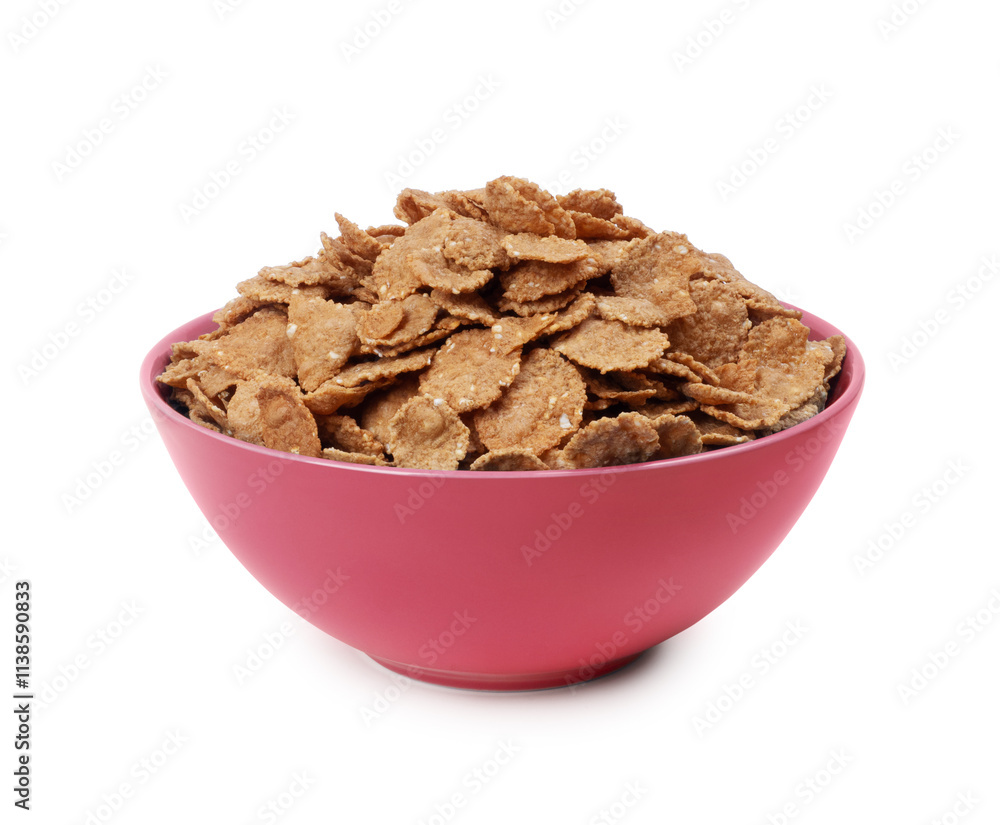 Bowl with crispy flakes close up isolated on white background. Granola in a brown bowl Bowl with crispy flakes close up isolated on white background. Granola in a brown bowl