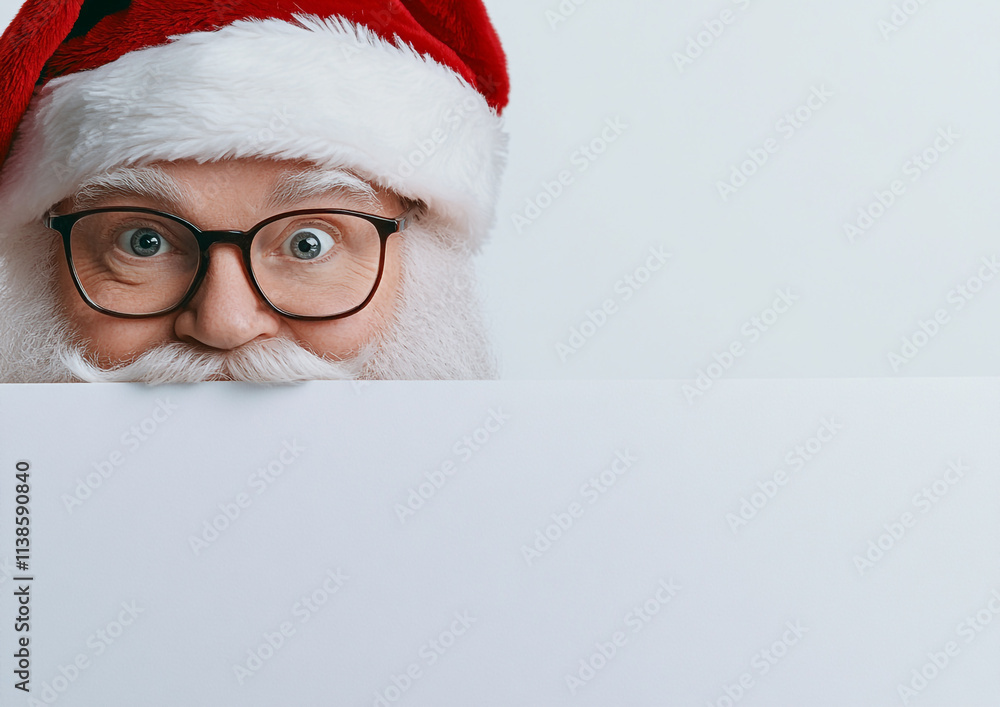 Naklejka premium Funny Santa Claus Peeking Over White Blank Banner | Christmas Humor Image