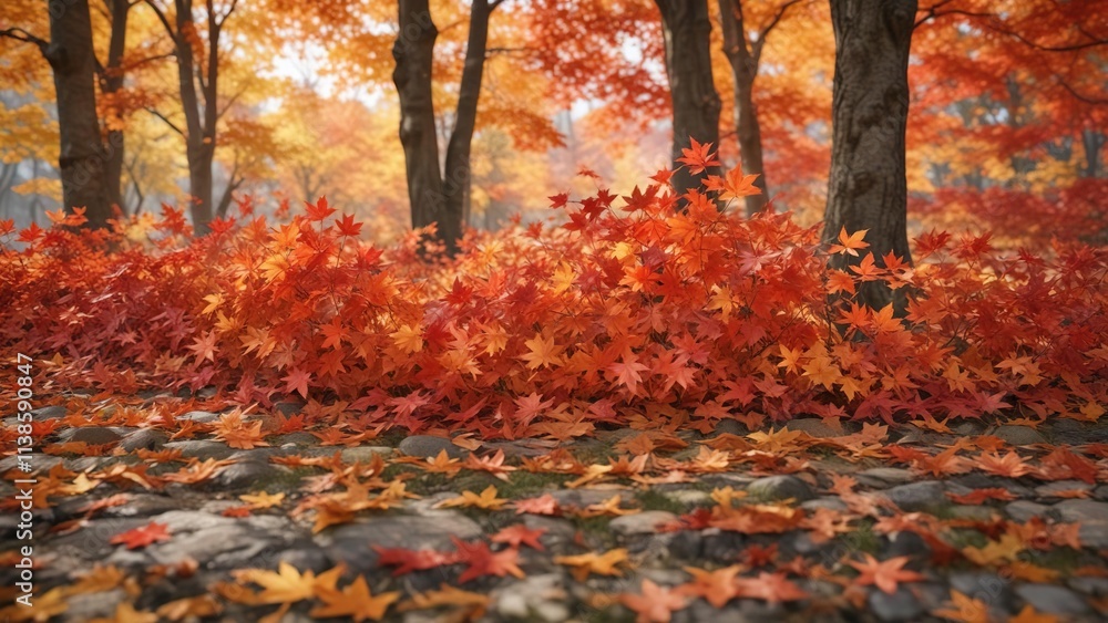 Row upon row of vibrant orange and red maple leaves, fall foliage, lake chuzenji, autumn leaves Row upon row of vibrant orange and red maple leaves, fall foliage, lake chuzenji, autumn leaves