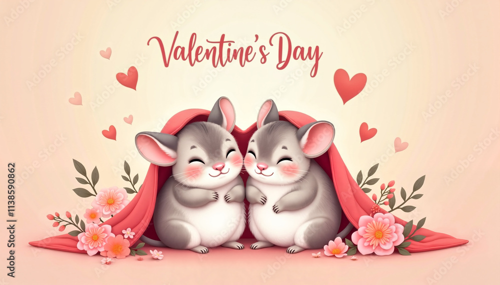 Obraz premium Adorable chinchillas cuddling under a red blanket for Valentine's Day