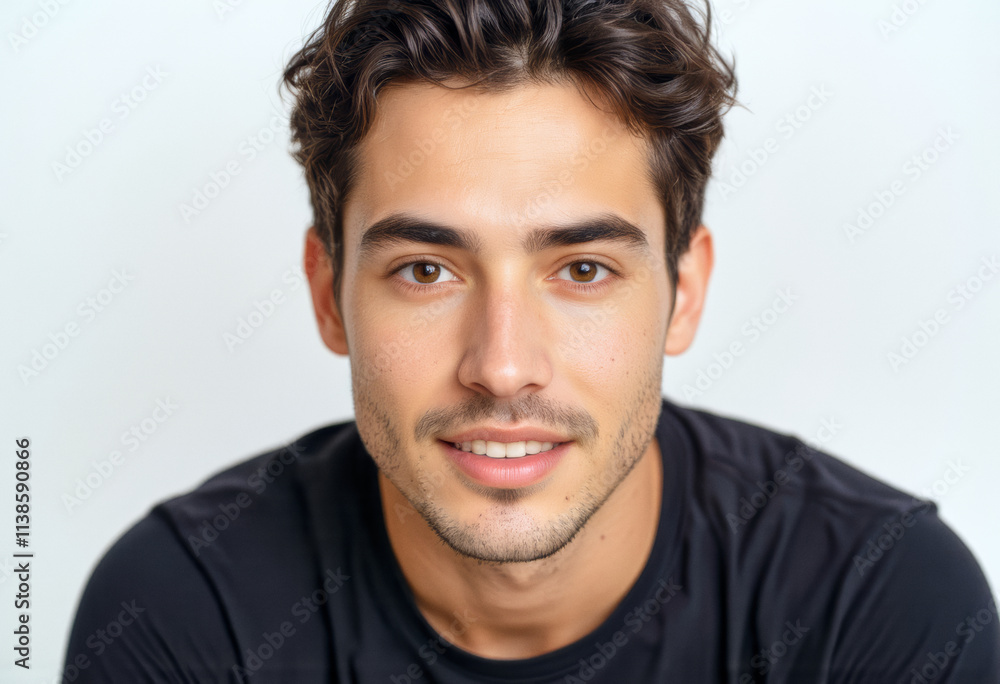 A commercial portrait photo of a model on a white studio background: a young man wearing a black t-shirt, smiling at the camera against a white background. A commercial portrait photo of a model on a white studio background: a young man wearing a black t-shirt, smiling at the camera against a white background.