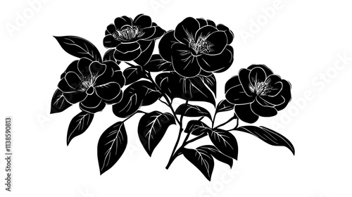 Camellias growing naturally in a secluded garden area, Vectorized Plant Art