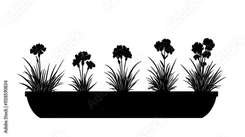 Group of carnation plants with grass-like foliage in a planter, Vectorized Plant Art