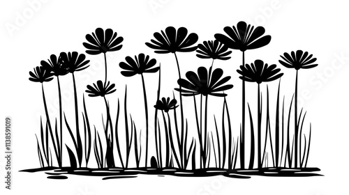 A group of papyrus plants standing tall in the shallow water near the edge of a pond, Vectorized Plant Art