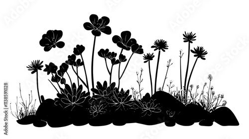 Sedum plants growing in a rock garden with surrounding perennials, Vectorized Plant Art