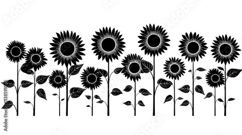 Group of sunflowers in different bloom stages growing together, Vectorized Plant Art