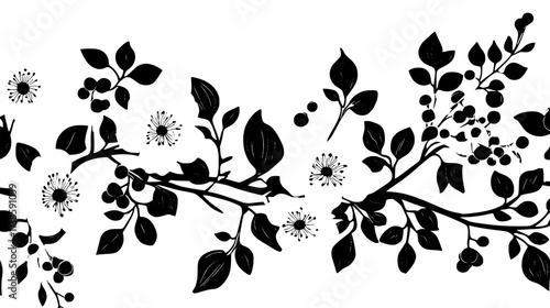 Hawthorn flowers and berries on thorny branches, Vectorized Plant Art