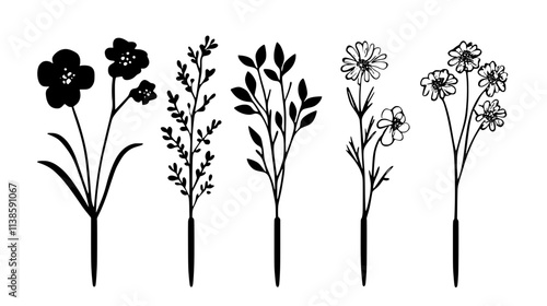Hair pins adorned with small dried flowers, Vectorized Plant Art