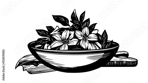 Handful of edible flowers in a ceramic bowl near a cutting board, Vectorized Plant Art