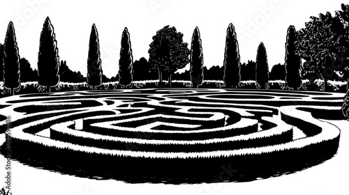 Hedge maze in formal garden setting, Vectorized Plant Art