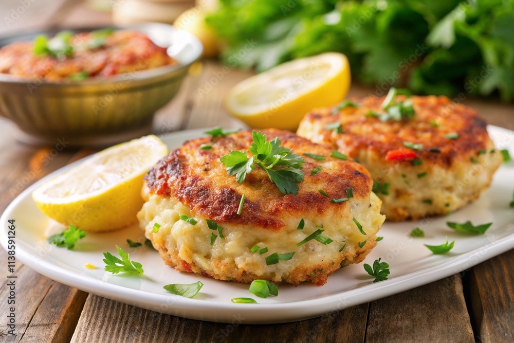 Crispy crab cakes garnished with parsley and lemon slices on a plate with leafy greens in the background. Crispy crab cakes garnished with parsley and lemon slices on a plate with leafy greens in the background.