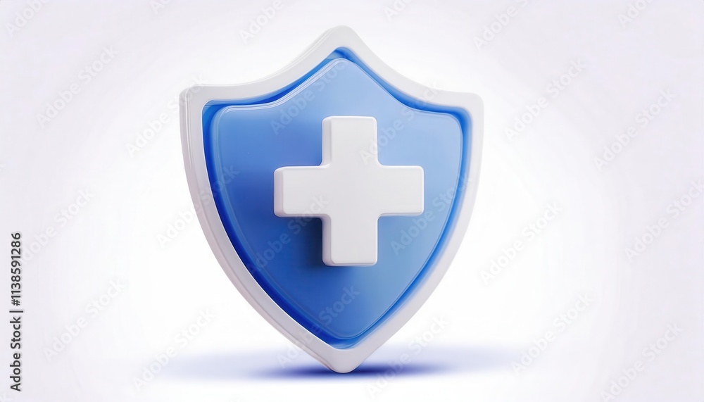 Obraz premium Blue Medical Shield with White Cross Symbol for Healthcare Security, Medical Protection, Health Insurance Concept, Cyber Health Safety, and Emergency Medical Care. Ideal for Healthcare Branding