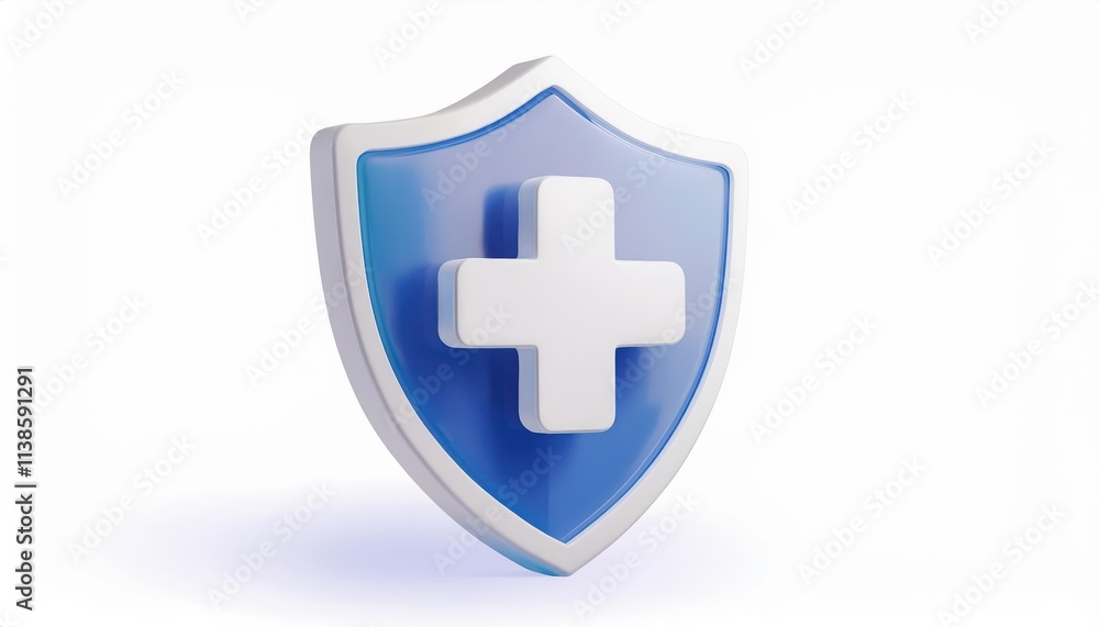 Obraz premium Blue Medical Shield with White Cross Symbol for Healthcare Security, Medical Protection, Health Insurance Concept, Cyber Health Safety, and Emergency Medical Care. Ideal for Healthcare Branding