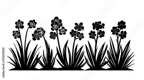 Hyacinths planted together, growing alongside other springtime flowers, Vectorized Plant Art