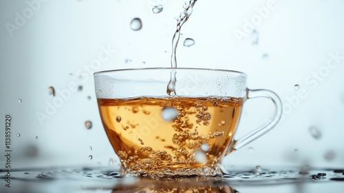 A refreshing cup of fizzy drink is poured into a clear glass. photo